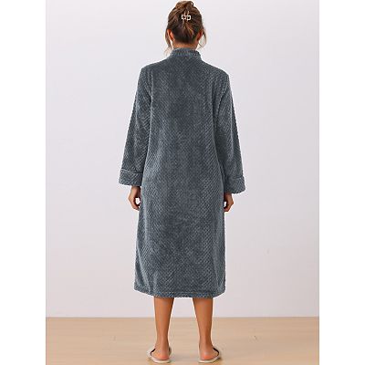 Womens Flannel Warm Cozy Fluffy Long Bathrobe Loungewear Housecoats Zipper Robes