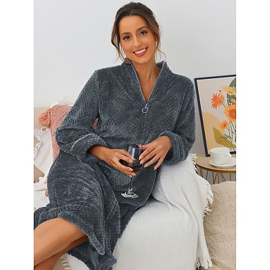 Womens Flannel Warm Cozy Fluffy Long Bathrobe Loungewear Housecoats Zipper Robes