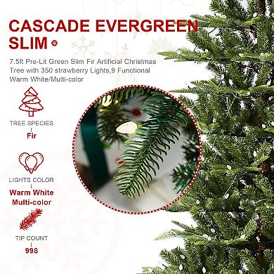 Glitzhome 7.5ft Pre-lit Fir Remote Artificial Christmas Tree With 350 Strawberry Lights, 9 Modes