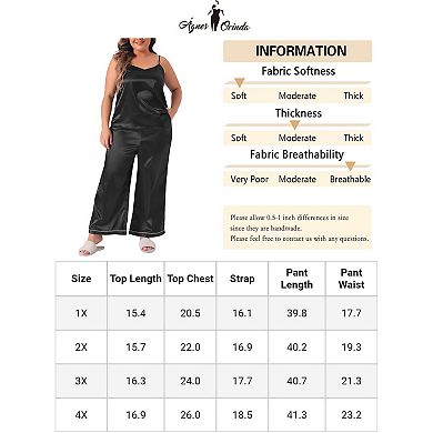 Women's Plus Size Satin Pajama Sets Sleepwear 2 Piece Cami Top And Pants With Pockets Nightwear