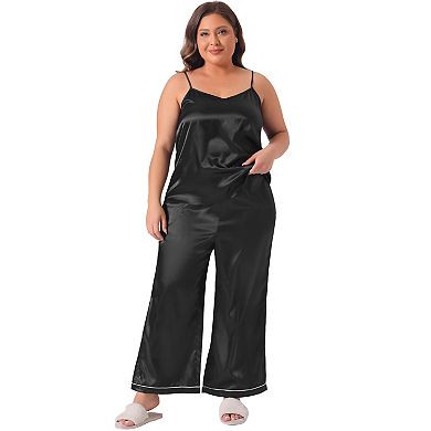 Women's Plus Size Satin Pajama Sets Sleepwear 2 Piece Cami Top And Pants With Pockets Nightwear