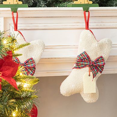 Glitzhome 12.5" L Bone Shaped Christmas Stocking Hooked Xmas Stocking for Christmas Decorations