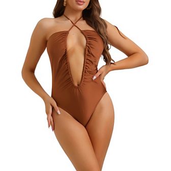 Women's Cutout Crisscross Drawstring Swimsuit Plunge One-piece Bathing Suit
