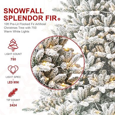 Glitzhome 10ft Pre-Lit Artificial Christmas Tree, Flocked Full-size Fir Decorative Tree