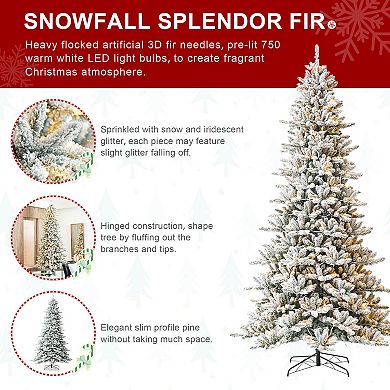 Glitzhome 10ft Pre-Lit Artificial Christmas Tree, Flocked Full-size Fir Decorative Tree