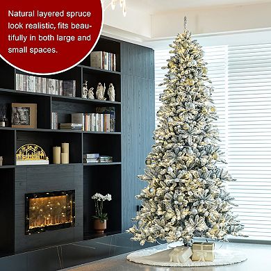 Glitzhome 10ft Pre-Lit Artificial Christmas Tree, Flocked Full-size Fir Decorative Tree