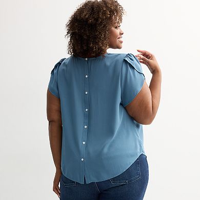 Plus Size Catherine Malandrino Ruffle Cap Button-Down Back Panel Blouse