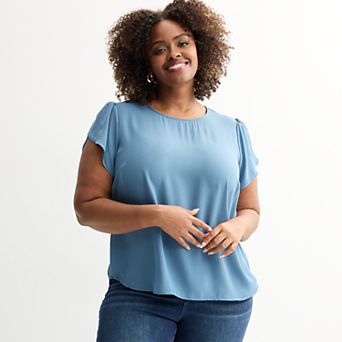 Plus Size Catherine Malandrino Ruffle Cap Button-Down Back Panel Blouse