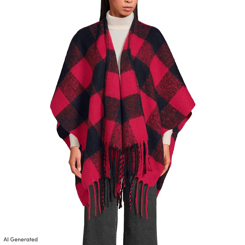 Womens Lands' End Brushed Boucle Ruana, Red Buffalo Check