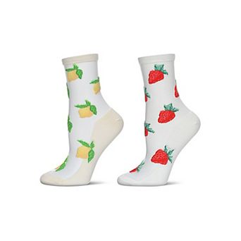 Women's 2 Pair Pack Strawberries And Lemons Sheer Fashion Crew Socks