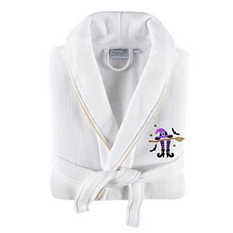Linum Home Textiles Adult Hotel Collection 100% Turkish Cotton Waffle Terry Embroidered Bathrobe with Satin Piped Trim - Hat-Broom-Legs
