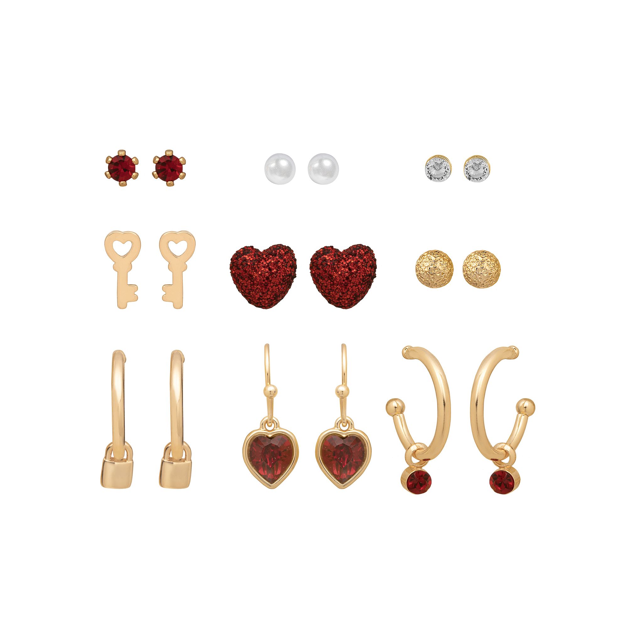 LC Lauren Conrad Red Heart Earrings 9-Pair Pack, Womens