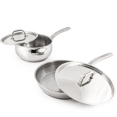 BergHOFF Belly Shape 3-pc. Stainless Steel Skillet & Saucepan Cookware Set with Stainless Steel Lids
