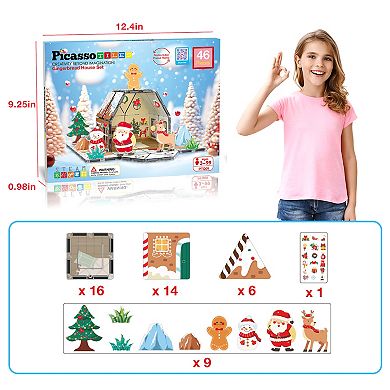 PicassoTiles 46 PC Gingerbread House Themed, Magnetic Tiles, Magnetic Building Blocks for Kids 3+