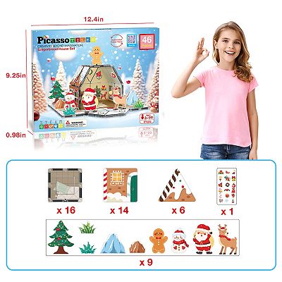 PicassoTiles 46 PC Gingerbread House Themed, Magnetic Tiles