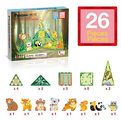 PicassoTiles 26 Piece Forest Animal, STEM Toy Magnet Tile, Building Block for Kid Age 3 & Up, PTQ26