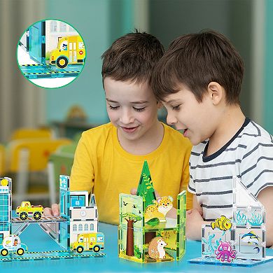 PicassoTiles 150 PC Magnetic Blocks 3-in-1 Aquarium, Safari, and Metro Theme, STEM Toy for Kids 3+