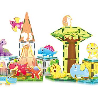 PicassoTiles 52 pc Magnet Tiles Set Magnetic Building Blocks, Safari & Dinosaur Theme for Kids 3+