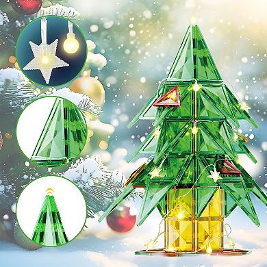PicassoTiles 106 PC Magnetic Tiles Set with String Lights Christmas Tree Holiday Theme for Kids 3+