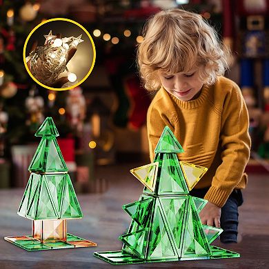 PicassoTiles 106 PC Magnetic Tiles Set with String Lights Christmas Tree Holiday Theme for Kids 3+