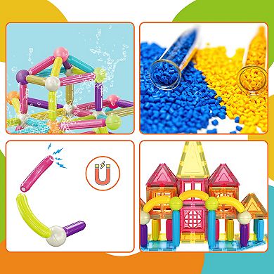 PicassoTiles 82 PC Magnetic Tiles, Magnetic Building Blocks for Kids 3+ & Sticks Builders Set
