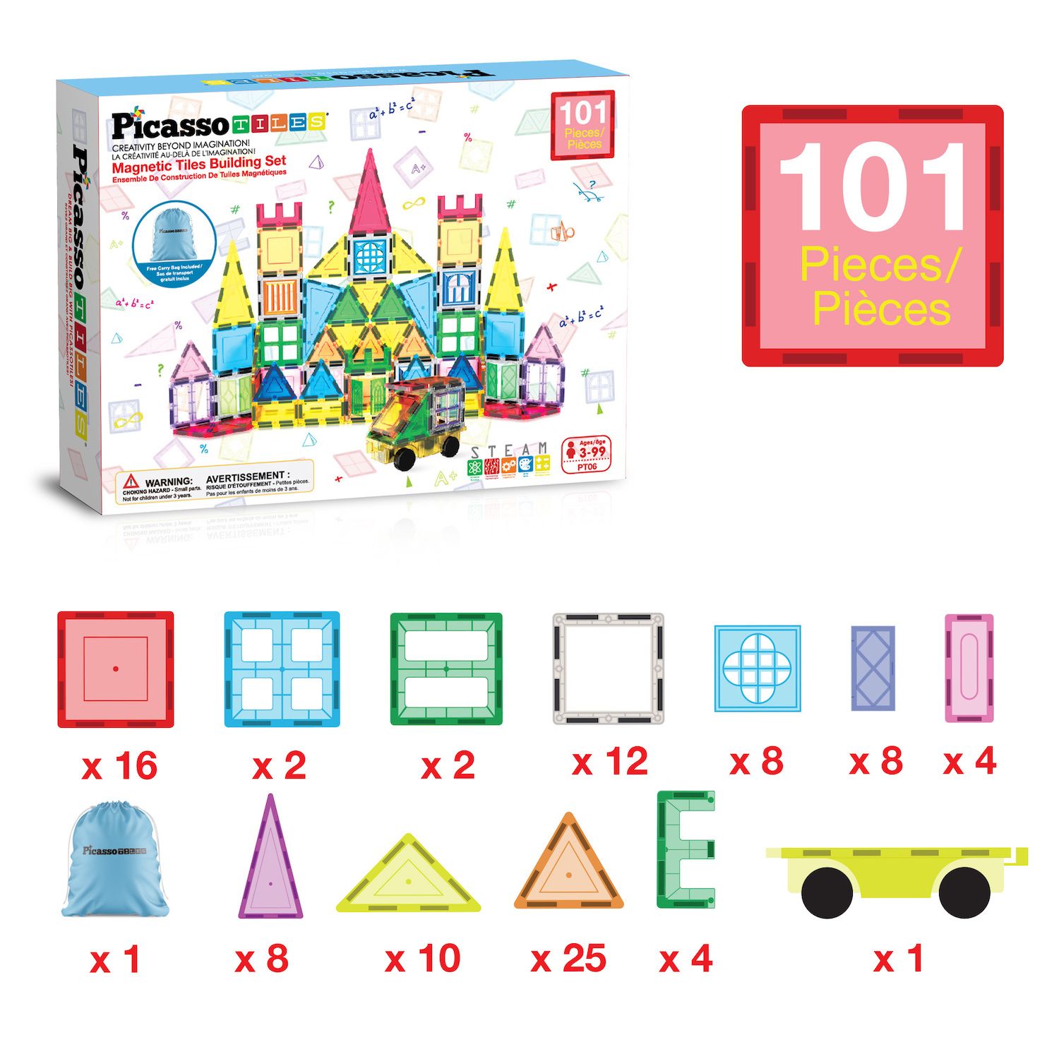 Детские сумки PicassoTiles 101 pc Stem Toy Magnetic Tile, Storage, Building Block Age 3 & Up, PT06 — фото 3
