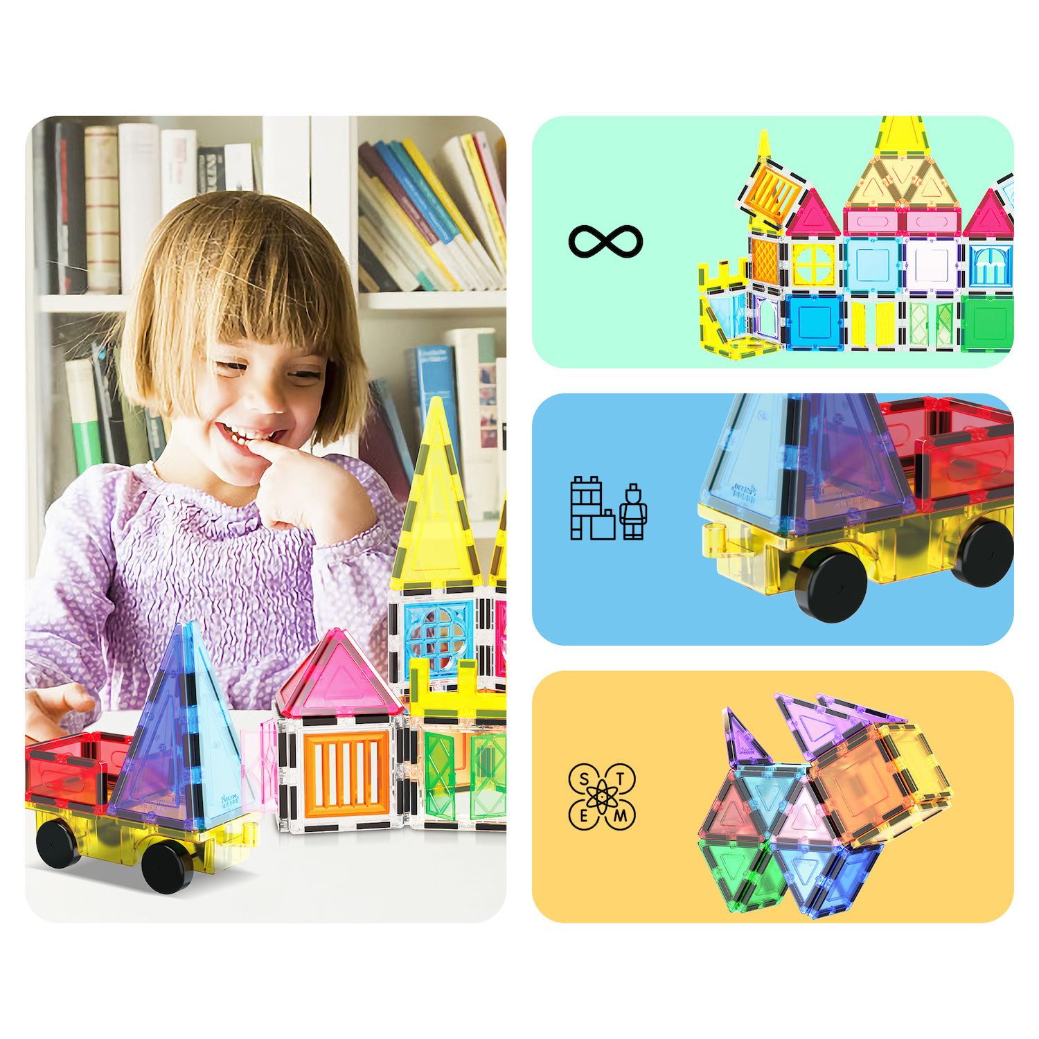 Детские сумки PicassoTiles 101 pc Stem Toy Magnetic Tile, Storage, Building Block Age 3 & Up, PT06 — фото 4