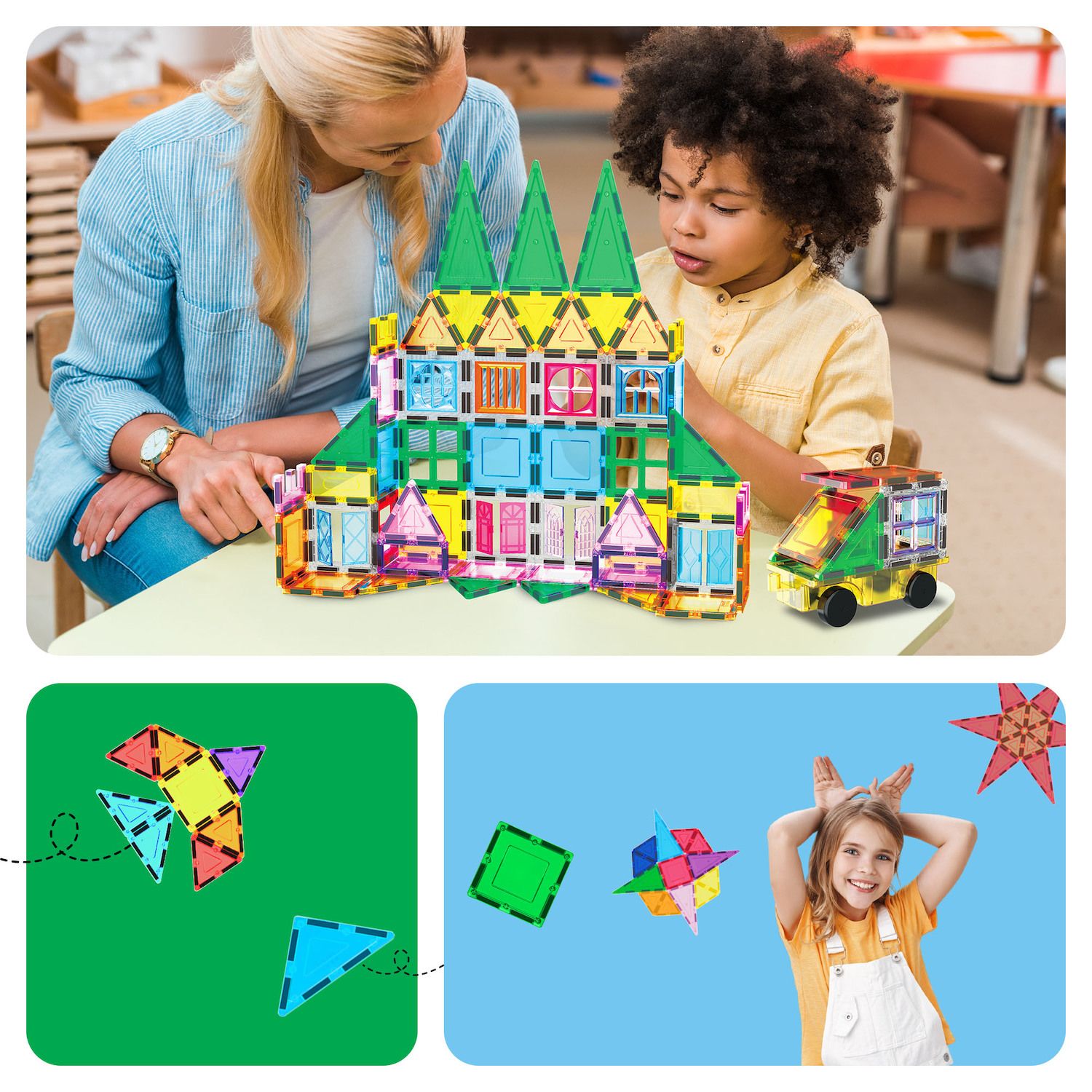 Детские сумки PicassoTiles 101 pc Stem Toy Magnetic Tile, Storage, Building Block Age 3 & Up, PT06 — фото 5