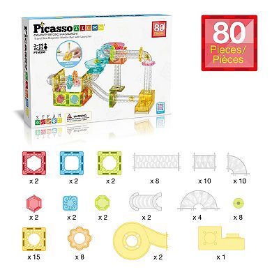 PICASSO-TILES 80 PC Mini Marble Race Track Building Block & Magnetic Tiles, STEM Toy for Kids 3+