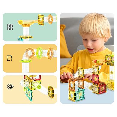 PICASSO-TILES 80 PC Mini Marble Race Track Building Block & Magnetic Tiles, STEM Toy for Kids 3+