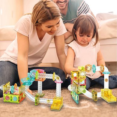 PICASSO-TILES 80 PC Mini Marble Race Track Building Block & Magnetic Tiles, STEM Toy for Kids 3+