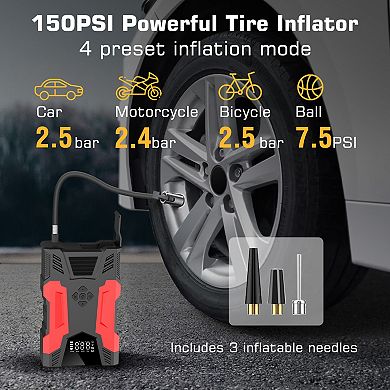 Car Jump Start & 150psi Tire Inflator: 3000a Peak- 7.0l Gas/5.0l Diesel