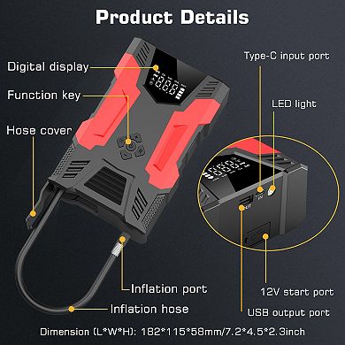 Car Jump Start & 150psi Tire Inflator: 3000a Peak- 7.0l Gas/5.0l Diesel