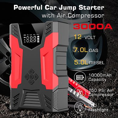 Car Jump Start & 150psi Tire Inflator: 3000a Peak- 7.0l Gas/5.0l Diesel