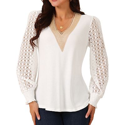 Women s Lace V Neck Long Sleeve Simple Casual Tops Fall Winter Fashion T Shirt