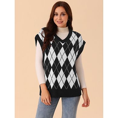 Women's Contrast Color Sweater Vest V Neck Sleeveless Knit Loose Pullover Sweater Tops