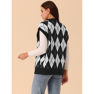 Women's Contrast Color Sweater Vest V Neck Sleeveless Knit Loose Pullover Sweater Tops