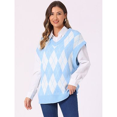 Women's Contrast Color Sweater Vest V Neck Sleeveless Knit Loose Pullover Sweater Tops
