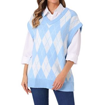 Women's Contrast Color Sweater Vest V Neck Sleeveless Knit Loose Pullover Sweater Tops