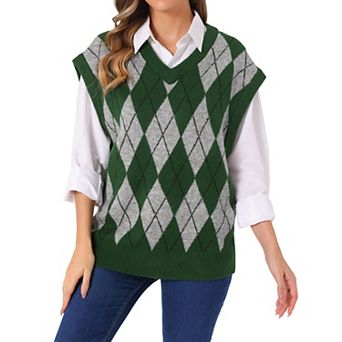 Women's Contrast Color Sweater Vest V Neck Sleeveless Knit Loose Pullover Sweater Tops