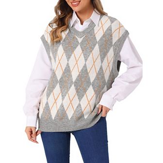 Women's Contrast Color Sweater Vest V Neck Sleeveless Knit Loose Pullover Sweater Tops