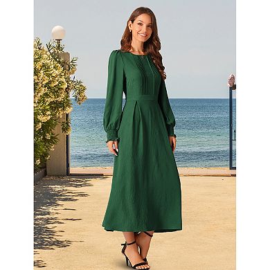 Women's Elegant Frilled Crewneck Long Sleeve Pleated A-Line Flowy Casual Dresses with Pockets