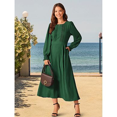 Women's Elegant Frilled Crewneck Long Sleeve Pleated A-Line Flowy Casual Dresses with Pockets