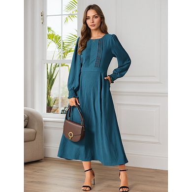 Women's Elegant Frilled Crewneck Long Sleeve Pleated A-Line Flowy Casual Dresses with Pockets