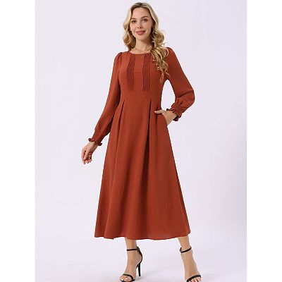 Women s Elegant Frilled Crewneck Long Sleeve Pleated A line Flowy Casual Dresses With Pockets