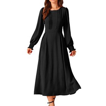 Women's Elegant Frilled Crewneck Long Sleeve Pleated A-Line Flowy Casual Dresses with Pockets