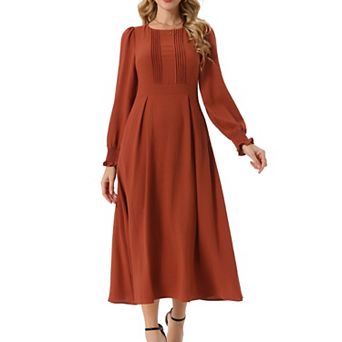 Women's Elegant Frilled Crewneck Long Sleeve Pleated A-Line Flowy Casual Dresses with Pockets