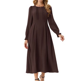 Women's Elegant Frilled Crewneck Long Sleeve Pleated A-Line Flowy Casual Dresses with Pockets