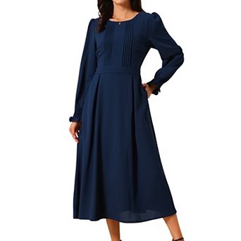 Women's Elegant Frilled Crewneck Long Sleeve Pleated A-Line Flowy Casual Dresses with Pockets