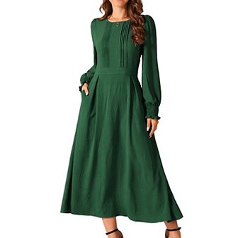 Women's Elegant Frilled Crewneck Long Sleeve Pleated A-Line Flowy Casual Dresses with Pockets